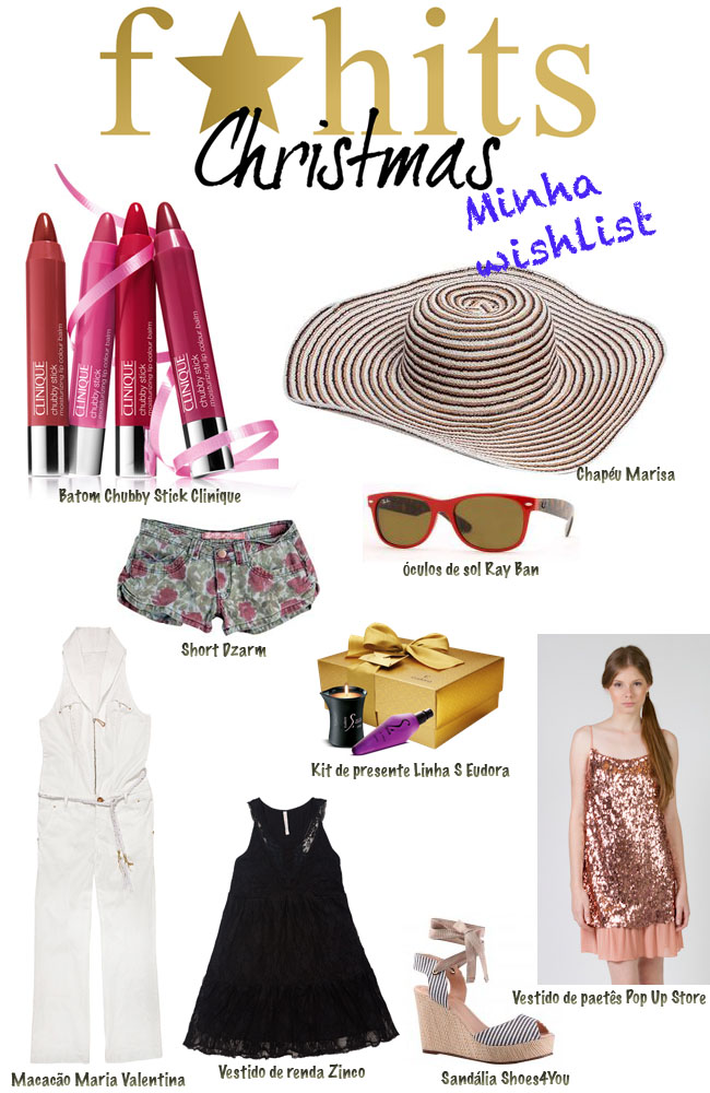 Wishlist, wishlist de natal, fhits, wishlist fhits, dicas de natal, dicas de presentes, sandália shoes4you, chapéus Marisa, Eudora, Batom Clinique, Clinique, Maria Valentina, Zinco, Pop Up Stote, vestido de patês, vestido de renda, Dzarm, linha S Edurora, óculos ray ban, macacão