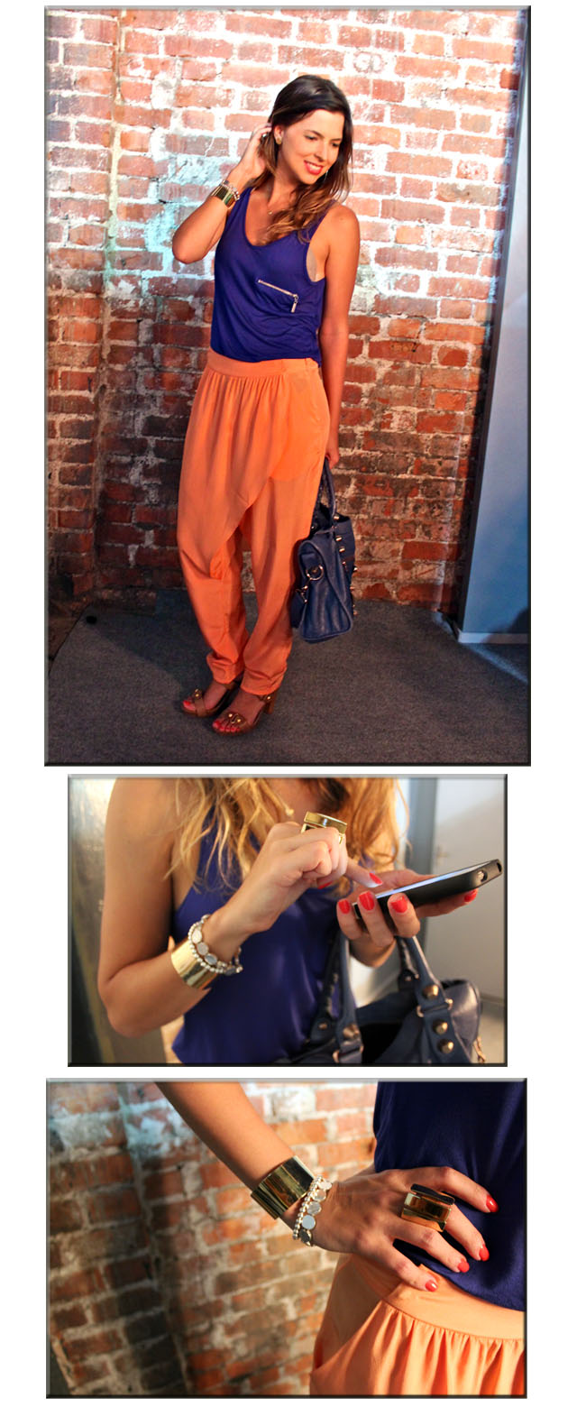 Look do dia, look calça laranja, dessfile Maria Bonita Extra, Maria Bonita Extra, look fashion Rio, color block, look color block, le blog, look le blog, mix de pulseiras